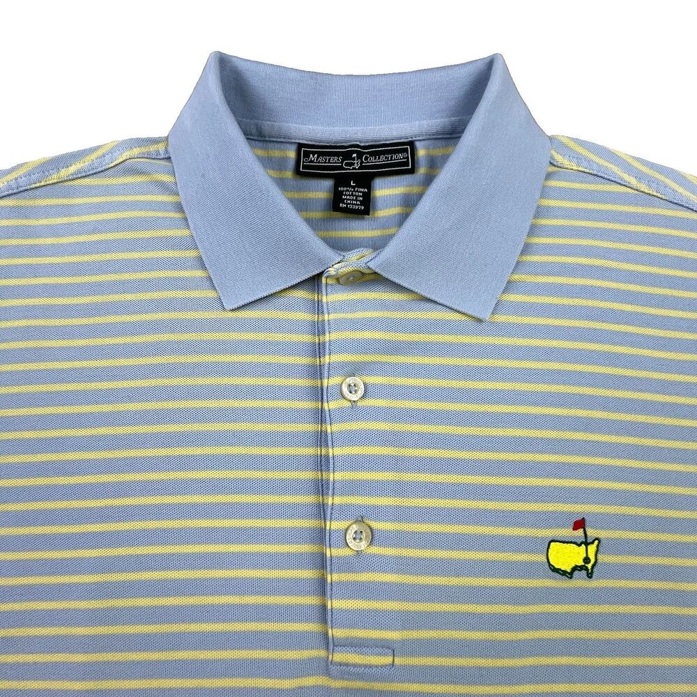 Masters Collection Polo Shirt Mens Large Blue Yellow Striped Augusta Golf Pima